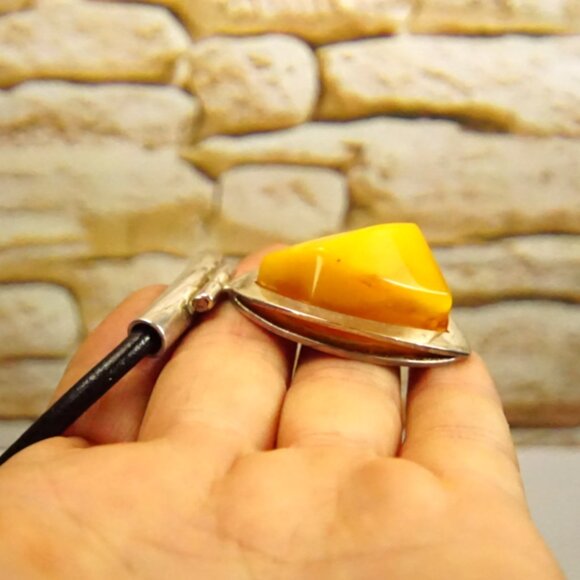 Baltic Amber and 925 Silver Black Leather Cord Modernist Necklace 18" - Her Gift - Picture 11 of 14